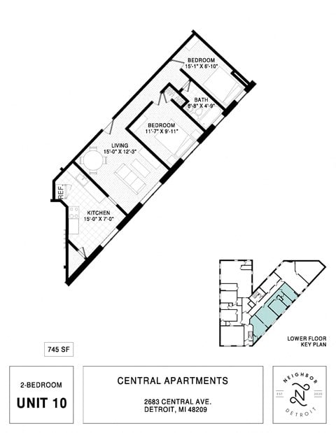 Floor plan for 2 beds, 1 bath, 773 sqft